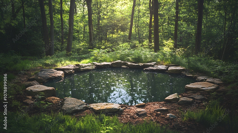 Poster a tranquil forest scene with a circle of rocks surrounding a small pond, creating an inviting spot f