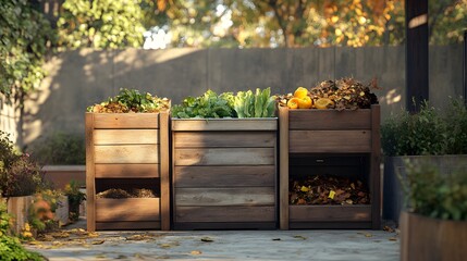 A rustic outdoor compost station, built from reclaimed wood, with different compartments for leaves, vegetable scraps, and other organic matter. Cinematic Scene, 4k resolution, cinematic scene