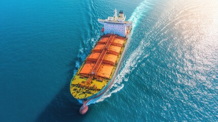 Aerial View of a Large Cargo Ship Navigating Through Clear Blue Waters, Displaying Vibrant Colorful Containers and a Wake Behind It in Sunlight
