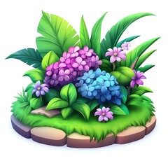 A vibrant cluster of colorful flowers surrounded by lush greenery, set on a grassy base, creating a cheerful and inviting garden scene.