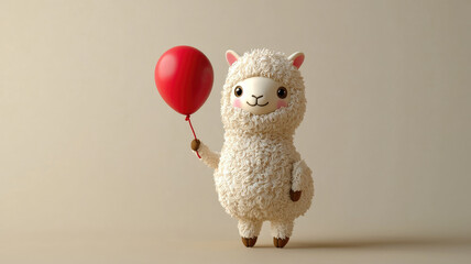 Adorable 3D alpaca holding red balloon, cheerful and playful