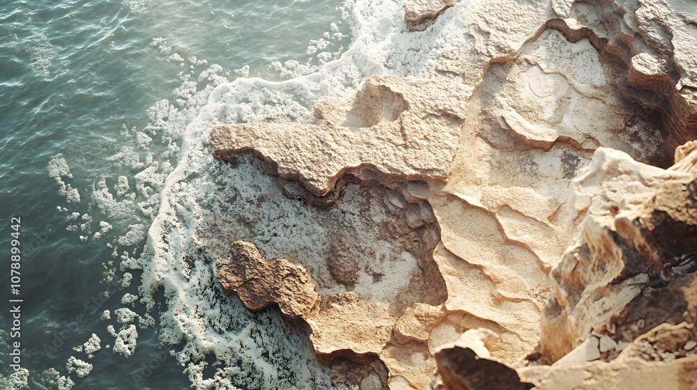 Poster a coastal cliff with intricate patterns created by artistically arranged stones, blending naturally 