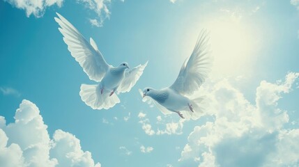 Majestic White Doves Soaring Through a Bright Blue Sky With Fluffy Clouds on a Sunny Day, Capturing Freedom and Peace in Nature's Embrace