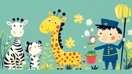 Cute Animals and Boy in a Garden with Flowers Illustration