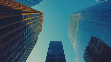 Fototapeta premium Modern Urban Skyline with Reflective Skyscrapers: A Clear Blue Sky Showcase of Contemporary Architecture and Corporate Ambiance.