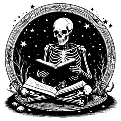 Skeleton Reading A Book Silhouette black vector the white background