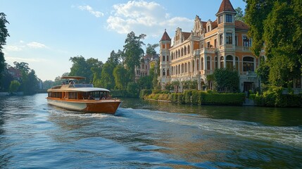 Naklejka premium Scenic view of a boat gliding on a serene waterway beside a mansion.