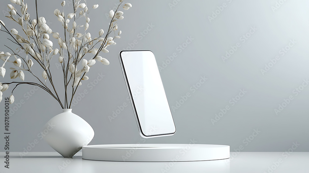 Poster explore the innovative mockup concept of a floating smartphone preview in a minimalist setting