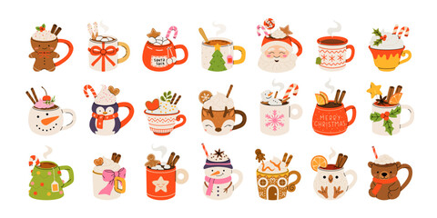 Fototapeta premium Christmas hot drink big collection. Flat cartoon beverages. Holiday cute mugs with hot cocoa, coffee, and mulled wine. New year drinks decorated with sweets and candy. Isolated vector illustration