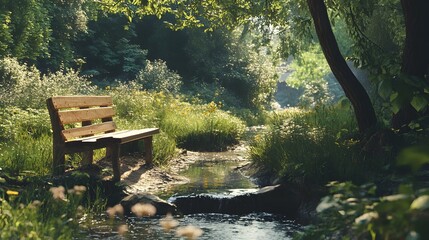 A small, handmade wooden bench beside a babbling brook, inviting visitors to connect with nature in a sustainable, untouched environment. Cinematic Scene, 4k resolution, cinematic scene