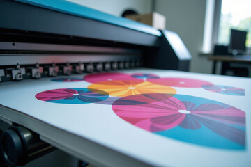 Large printing machine for paper business in printing room. Sublimation concept. Theme: Clear foreground, blurred background.