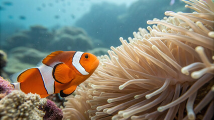 Close-up of an orange and white clownfish near an anemone