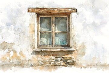 Fototapeta premium Old yellow plastered wall with a window. 
