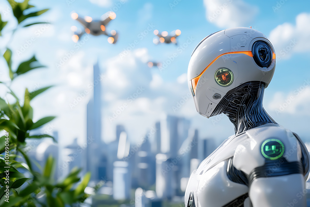 Poster innovative architecture and technology shape sustainable urban skylines with autonomous robots