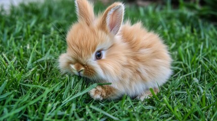 Fototapeta premium Cute Fluffy Bunny Eating Grass in Nature
