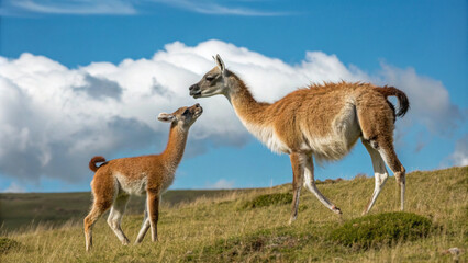Fototapeta premium Guanaco mother and her young calf in a grassy field