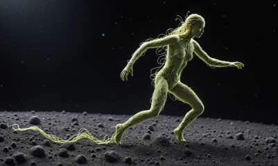 A woman made of vines runs across the surface of the moon