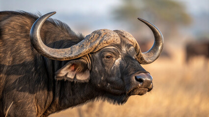 Fototapeta premium Close-up Portrait of a Black African Buffalo Bull