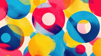 Vibrant Abstract Painted Circles in Vivid Colors, Featuring Blue, Red, Yellow, and White Overlapping Shapes for Decorative and Creative Background Usage