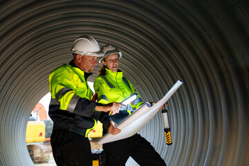 Female and male engineers work inside a large steel pipe. Workers build pipelines to transport oil, natural gas and fuels in industrial plants.