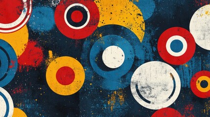 Abstract Colorful Circles Background with Grunge Texture in Red, Blue, White, and Yellow Tones for Creative Design and Art Projects
