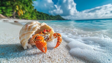 Closeup of a hermit crab on a tropical beach
