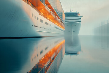 Cruise ship on calm water at sunrise, sailing peacefully through the misty blue ocean, a luxurious journey for happy passengers