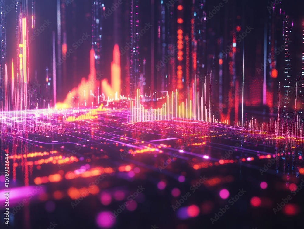 Poster abstract representation of financial data and stock market trends with glowing graphs and futuristic