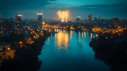 Fototapeta premium Fireworks over Vilnius at night, lighting up the sky in Lithuania flag colors for Independence Day