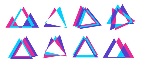 Set of eight colorful overlapping triangles creating abstract geometric designs