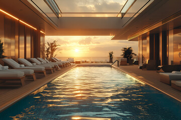Obraz na płótnie Canvas Swimming Pool on Cruise Ship, water recreation and spa facilities, leisure and relaxation on deck, ocean views and sea journey, travel and vacation on boat, comfort and wellness.