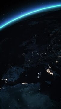 Animation of Spinning Planet Earth Seen from Space with city lights. Power Outage, Blackout in Europe Turning Lights Off. International Earth Event.