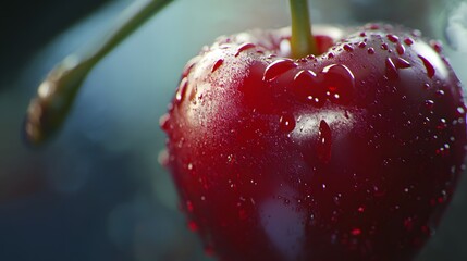 A close-up of a cherry with its stem, capturing the glossy surface, subtle dimples, and deep red hue in sharp, true-to-life detail. Cinematic Scene, 4k resolution, cinematic scene