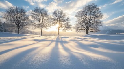 Over a snow-covered field, a beautiful winter sunrise greets you
