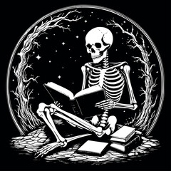 skeleton reading a book silhouette black vector the white background