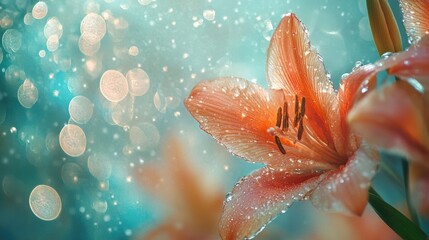 Fototapeta premium Delicate Orange Lily Flower with Dew Drops Glimmering Under Soft Bokeh Light, Capturing the Essence of Spring and Serenity in Nature