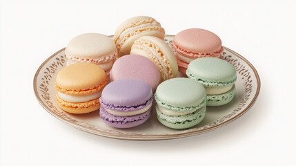 Obraz premium A vibrant selection of macarons in various pastel colors sits on a decorative plate.