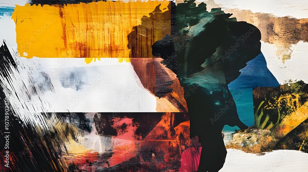 Poster an abstract digital collage with overlapping paint strokes, textured backgrounds, and photographic c