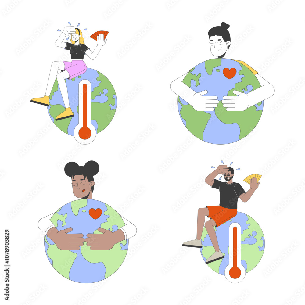 Poster protecting global environment 2d illustration concepts set. diverse people caring of ecology and war