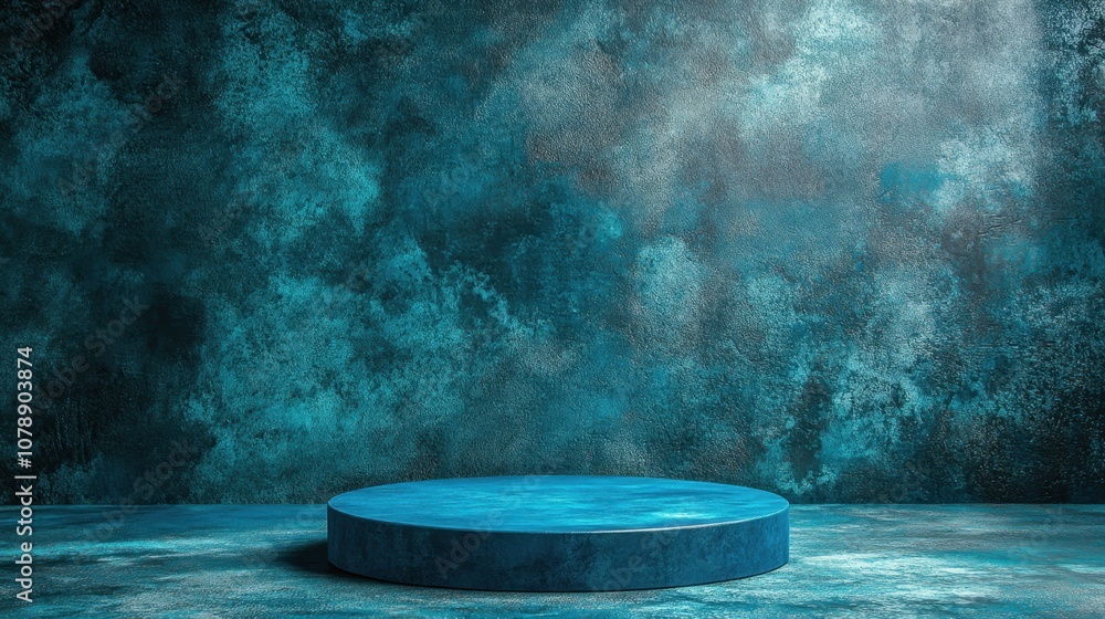 Poster abstract studio background with blue circular platform on concrete surface illuminated by diffused l