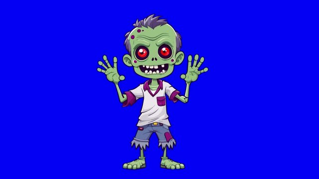 Animated character of a halloween zombie who greets the viewer and waves his hand, on a green background chromakey, idea for promotional video, mascot