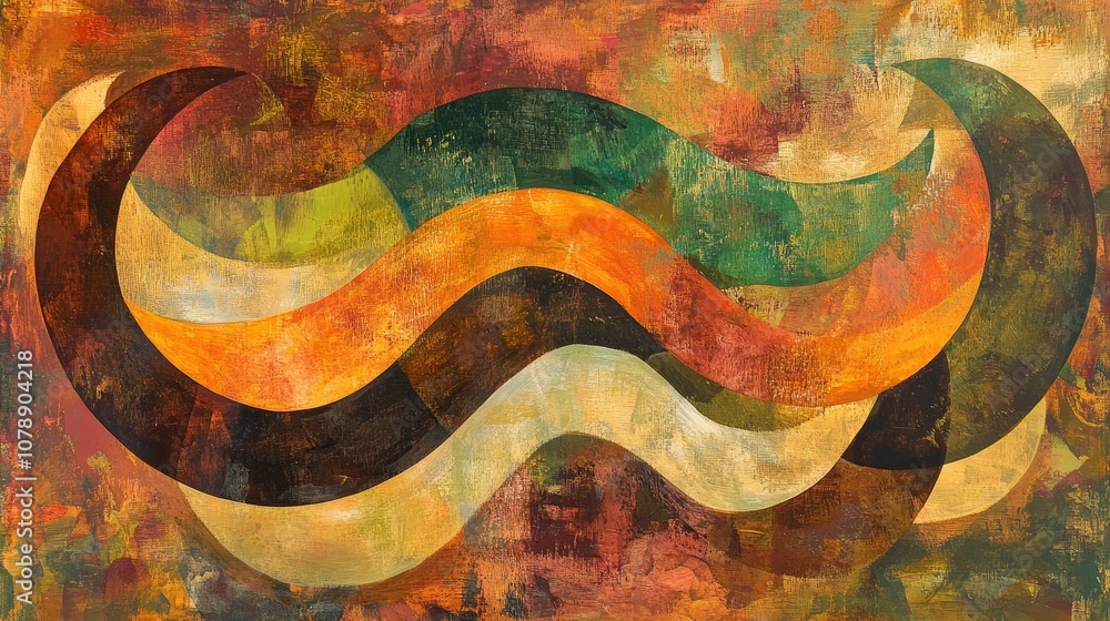 Poster abstract waves in warm earthy tones with curved shapes and textured background presented in bold col