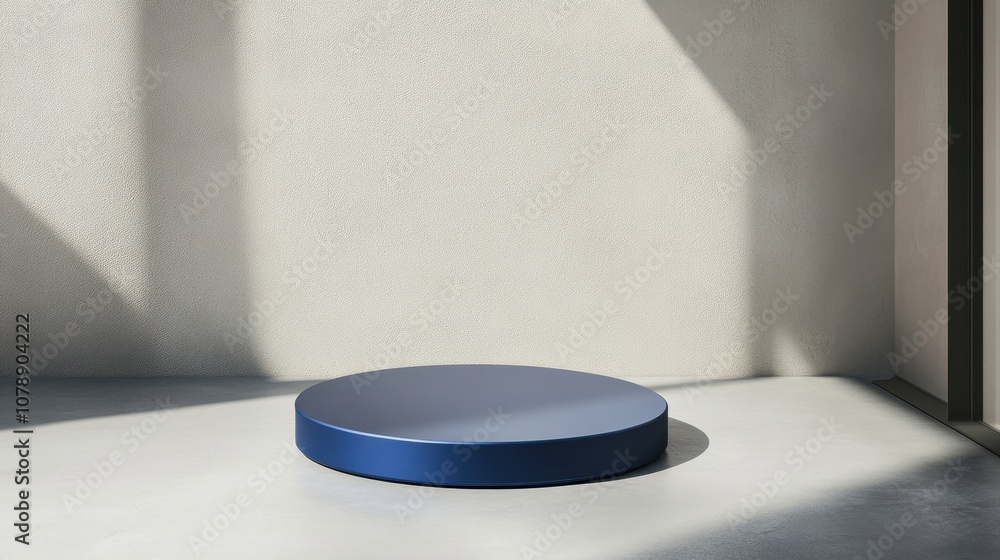 Aufkleber minimalist studio space with round blue platform and soft natural light streaming through the window
