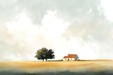 Obraz premium Old house in the woods, watercolor painting of a landscape in the morning, landscape with flowers and grass 