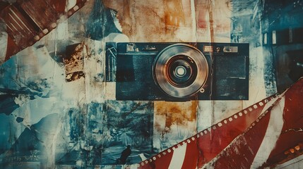 A vintage-inspired collage with layered textures, faded film overlays, and hand-drawn details, capturing a retro aesthetic. Cinematic Scene, 4k resolution, cinematic scene
