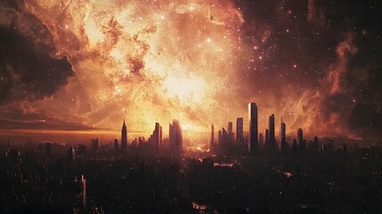 A surreal collage of cityscapes blended with cosmic elements, with layered stars and galaxy textures, creating a dreamy, otherworldly feel. Cinematic Scene, 4k resolution, cinematic scene