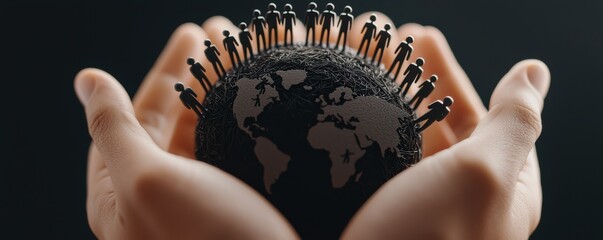 Creative image of hands shielding tiny human figures symbolizing leadership social support and a collaborative vision