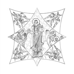 Stefan the First-Crowned (name english). Cross dome with 4 apostles, angels and seraphim. Coloring page in Byzantine style