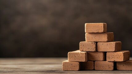 A stack of bricks arranged in a pyramid shape, set against a neutral background, capturing a sense of simplicity.