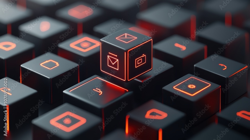Poster digital ecosystem under protection with dynamic shield icons, encrypted systems, and warning visuals